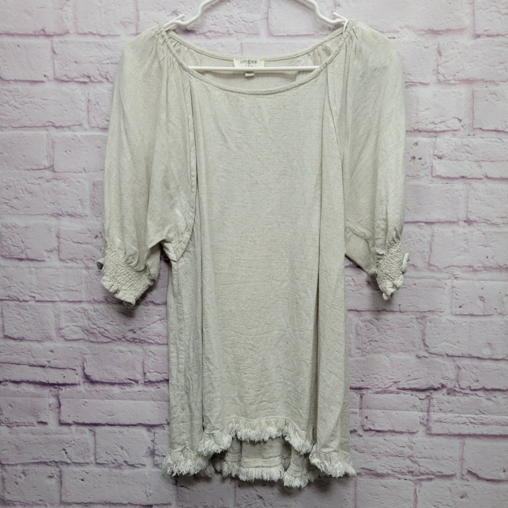 Umgee Linen Blend Tunic Peasant Blouse Womens L Ruffle Sleeve Boho Chic Festival